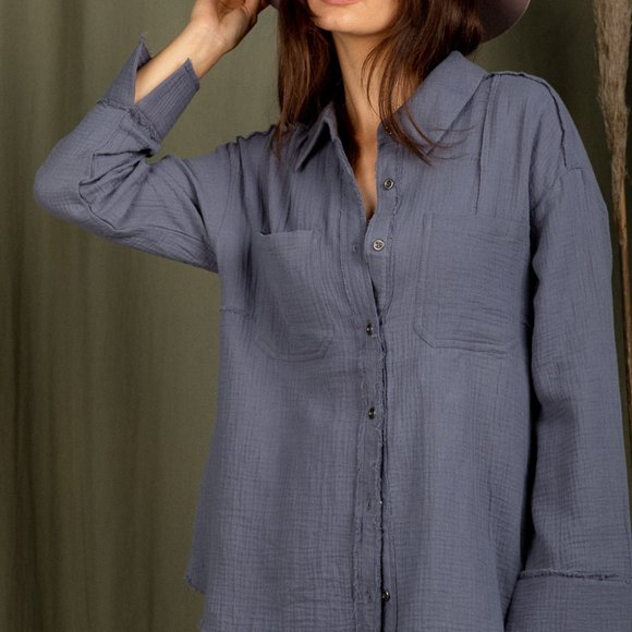 NWT Frayed Hem Detail Woven Shirt Top - Picture 2 of 4